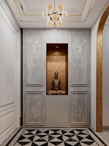 Another view of the paneled wall that conceals a closet. This design provides essential storage for an entry foyer without cluttering the space with bulky furniture.