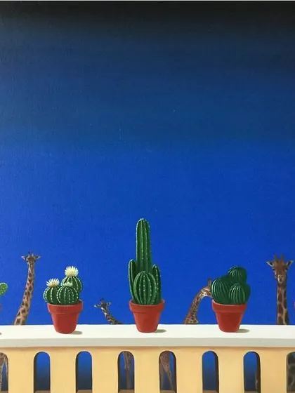 A contemplative and surreal painting from the Young Artist Awards exhibition. The collection often features works that are both whimsical and thought-provoking, reflecting the concerns of a new generation.