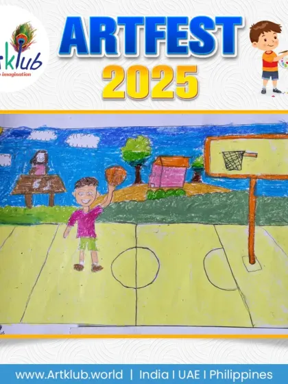 A joyful depiction of a child playing basketball on an outdoor court. This junior artist used bright colours to create a happy and energetic scene.