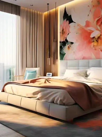 A bright and airy bedroom with a large floral mural behind the bed. The soft, natural light from the floor-to-ceiling window creates a fresh and inviting atmosphere.