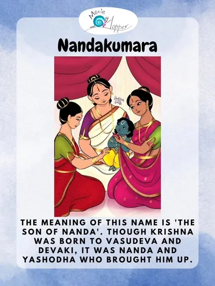Another beautiful graphic from our Krishna series, this one explaining the name 'Nandakumara'. We use visual aids like these to make mythological stories and their meanings clear and memorable for children.