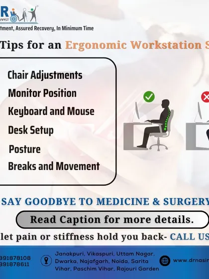 This graphic provides top tips for an ergonomic workstation setup. Simple adjustments to your chair, monitor, and posture, along with taking regular breaks, can help you say goodbye to medicine and surgery for workplace-related pain.