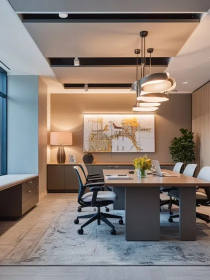 A well-designed conference room is crucial for any business. This space features a large meeting table, ergonomic seating, and carefully selected artwork, all under sophisticated lighting that ensures a professional and comfortable setting for important discussions.