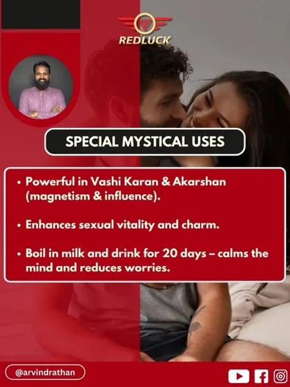 This bead has special mystical uses in Vashi Karan and Akarshan (magnetism and influence). It is also known to enhance sexual vitality. Boiling it in milk and drinking it for 20 days is an ancient remedy to calm the mind.