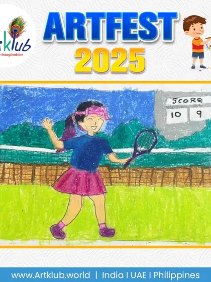 This junior artwork captures a moment of celebration in a tennis match. A smiling player is shown next to a scoreboard, enjoying her game.