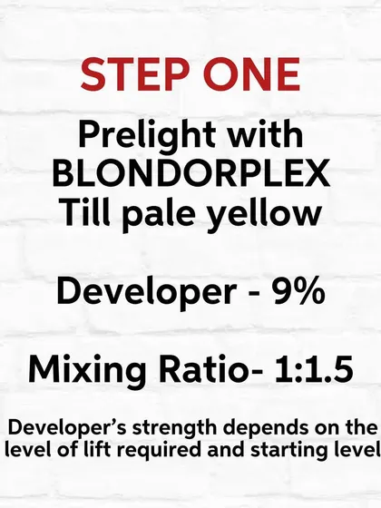 Step One for the Mushroom Blonde. Pre-lighten with Blondorplex to create a clean, pale yellow canvas.