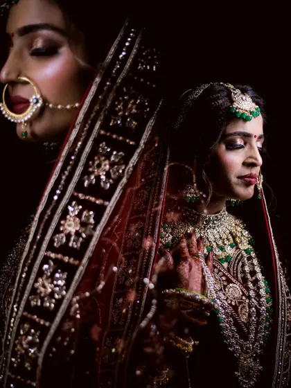 A creative double exposure bridal portrait. This technique blends two poses to create a single, artistic image that captures different facets of the bride's personality and look on her special day.