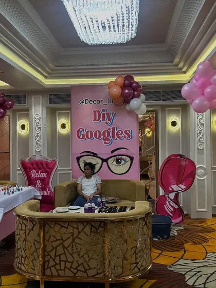 This image shows the activity stations at a princess party, including a "DIY Googles" and "Glam Heaven" corner for kids to enjoy.
