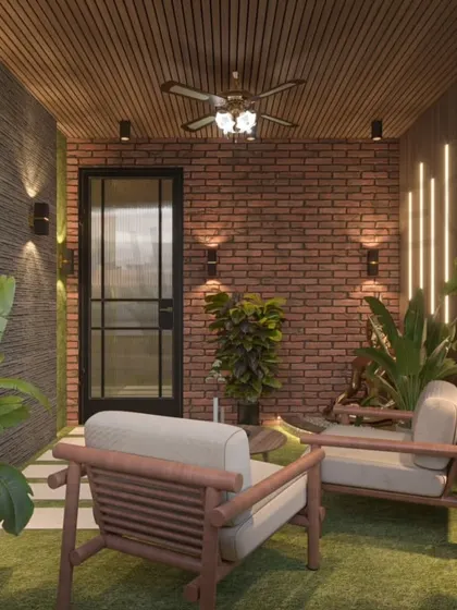 A balcony design concept that blends modern and industrial styles. The render features an exposed brick wall, a wooden ceiling with a fan, and contemporary furniture.