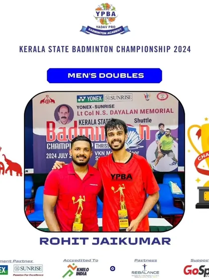 Rohit Jaikumar winning the Men's Doubles Gold at the Kerala State Badminton Championship 2024.