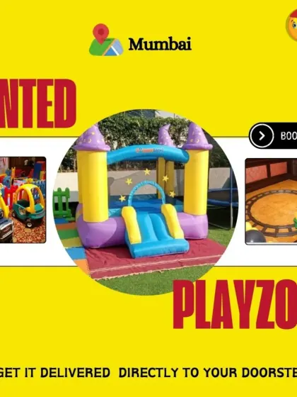 This graphic advertises my rented playzone service in Mumbai, with a large bouncy castle as the centerpiece. I deliver directly to your doorstep for maximum convenience.