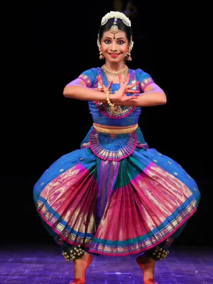 The classic aramandi pose by Gowri. This fundamental posture is a symbol of the discipline and dedication required in Bharatanatyam training.