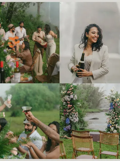 A collage of moments from a celebration by the falls. It captures the joy of friends singing, the bride toasting her new life, and the beautiful floral decor that framed their special day.
