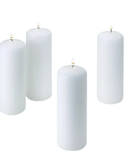 A set of four lit white pillar candles, ideal for religious ceremonies, prayer halls, or as part of a centerpiece. Their uniform shape and size provide a classic, elegant look.