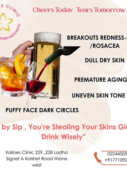 "Cheers today, tears tomorrow." This graphic explains how alcohol can negatively impact your skin by causing dehydration, inflammation, and premature aging. Mindful choices are a key part of a healthy skin lifestyle.