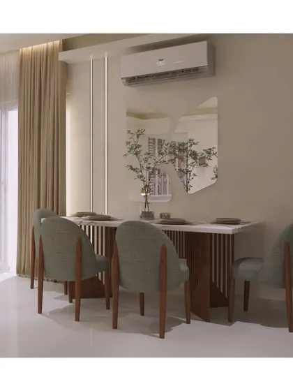 This angle shows how the dining setup is illuminated by both natural light from the side and elegant vertical strip lights on the wall, creating a bright and pleasant atmosphere.