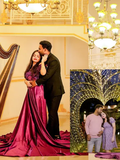 A collage combining a grand, romantic pose with a casual, intimate moment, showing different facets of a couple's love story.