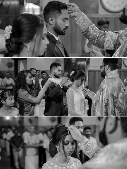 A powerful black and white collage of the blessing ritual during a Christian wedding ceremony, capturing the solemnity of the moment.