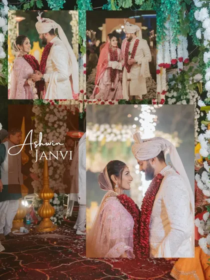 A collage capturing various moments from the wedding ceremony, from the varmala exchange to intimate glances. It tells a mini-story of the day's most important rituals and emotions.