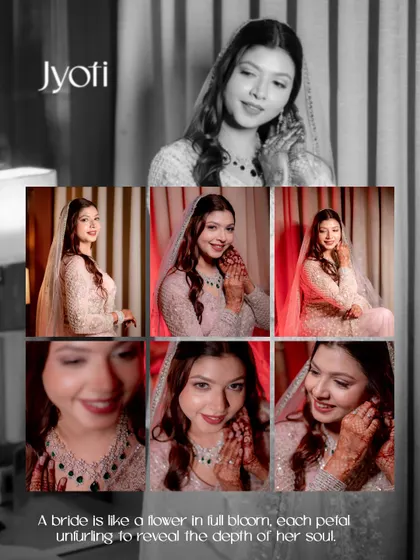 A collage of bridal portraits showing a variety of expressions and angles, from close-ups of her jewelry to happy, candid smiles.