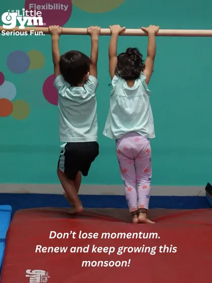 Two children hang from a bar together, a great visual reminder to "renew and keep growing this monsoon" and not lose momentum.