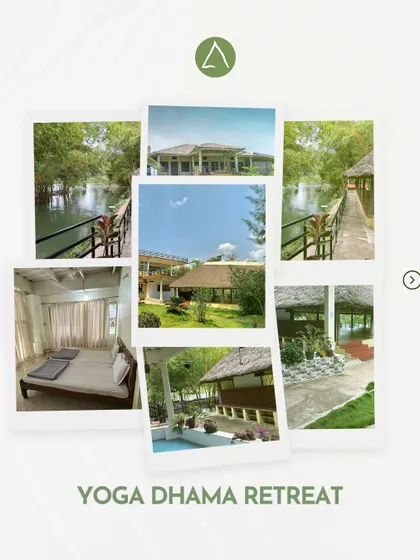This collage shows the serene environment of Yoga Dhama, the location for our silent retreats. Surrounded by nature, with simple and comfortable accommodations, it is the perfect setting to disconnect from the outside world and find your inner quiet.