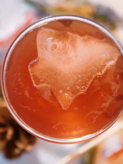A festive Christmas cocktail with a custom-shaped ice cube. It's the small details that elevate a drink and make an event special.