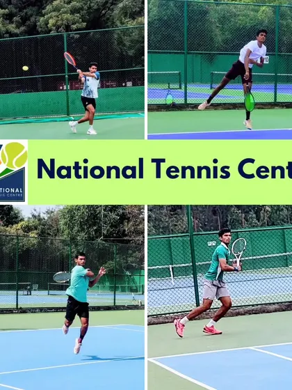 Our players in action. This graphic showcases four of our athletes during intense practice, demonstrating the powerful footwork and stroke production we develop at the academy.