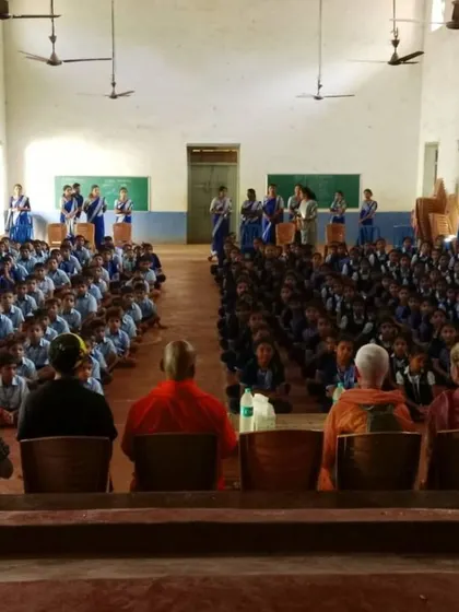 A view from the stage at one of our school sessions in Gokarna. We are grateful for the opportunity to speak to hundreds of students and teachers about creating a kinder world for animals.