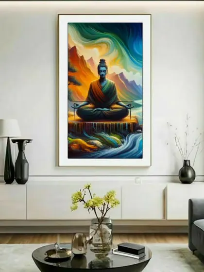 A vertical Buddha painting that brings a sense of calm and centeredness to a modern living room. The flowing colors and meditative posture make it a powerful piece for spiritual well-being.