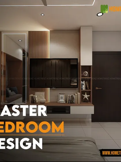 A closer view of the TV unit and storage in the master bedroom, showing the combination of woodgrain and white laminate.