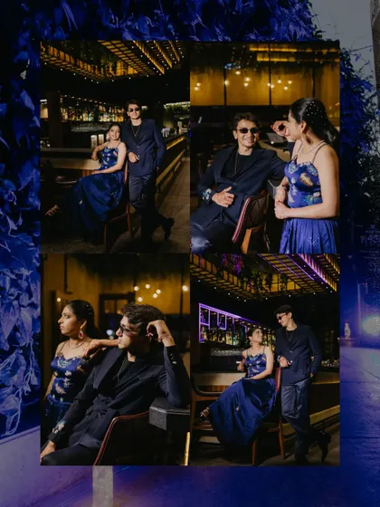 A collage of the couple's cocktail night photoshoot. It showcases a variety of poses, from candid interactions to stylishly composed shots, all within a cool, blue-toned theme.
