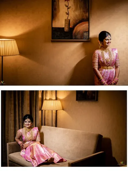 A duplicate of image 402, a collage of a bride's portraits in a warmly lit room.