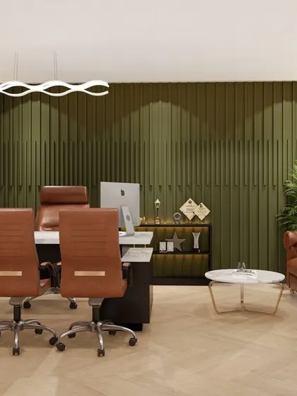 A 3D visualization of a director's cabin, featuring an olive-green fluted wall panel that adds texture and depth. The design combines a classic leather sofa with modern lighting and a minimalist desk for a balanced, executive feel.
