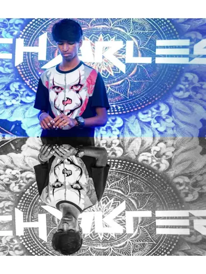 A creative edit with a reflection effect, blending my image with graphic designs. This highlights my VJ-artist side.