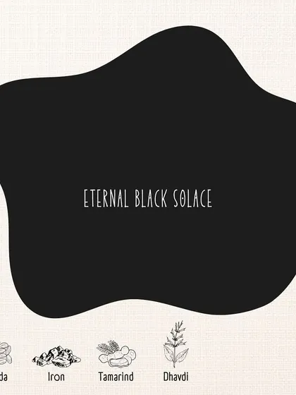 Eternal Black Solace, a deep black achieved through a combination of harda, iron, tamarind, and dhavdi. Creating a true black with natural dyes is a complex and rewarding art.
