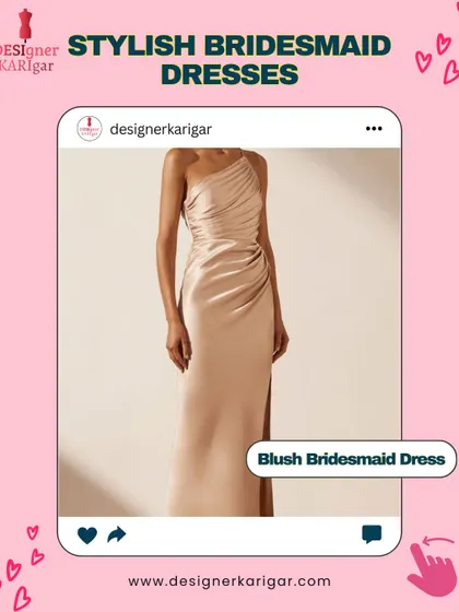 This blush satin bridesmaid dress is the definition of modern elegance. The one-shoulder design and draped silhouette can be tailored to flatter every member of your bridal party.