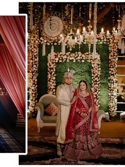 A creative collage showing the wedding decor and a classic portrait of the couple. It highlights the beautiful ambiance of the venue and the elegance of the bride and groom.