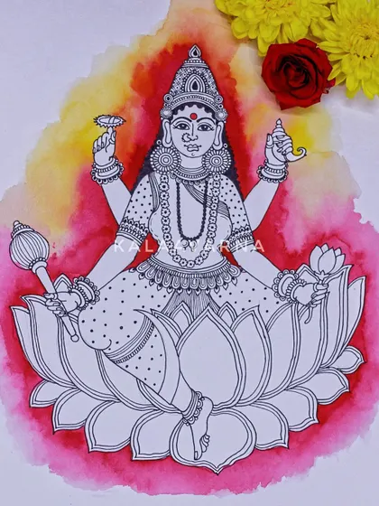 A duplicate image of my drawing of Devi Siddhidatri. The red and yellow watercolor wash creates a halo effect, emphasizing her divine status.