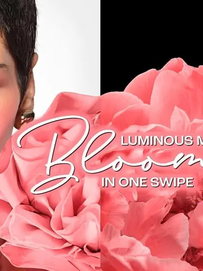 An advertisement for Lakmé's 'Luminous Matte' blush. The diptych format pairs a close-up of the model wearing the blush with a beautiful shot of the flower-embossed product, creating a strong visual connection.