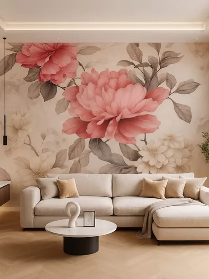 This living room features a soft and romantic floral mural with large pink peonies. The design's painterly style adds an artistic and elegant touch to the space.
