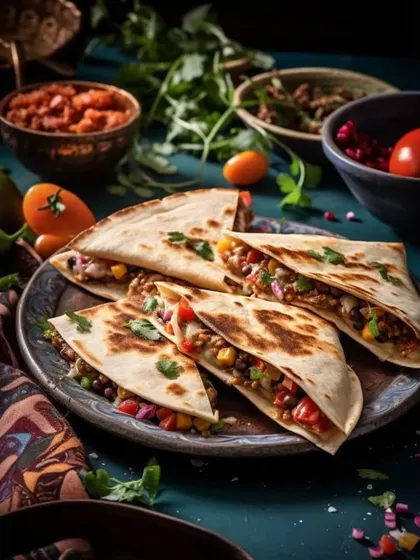 My vegetarian quesadillas are filled with beans, corn, and peppers, then grilled until golden. They are a perfect example of how I infuse continental classics with exciting flavours.