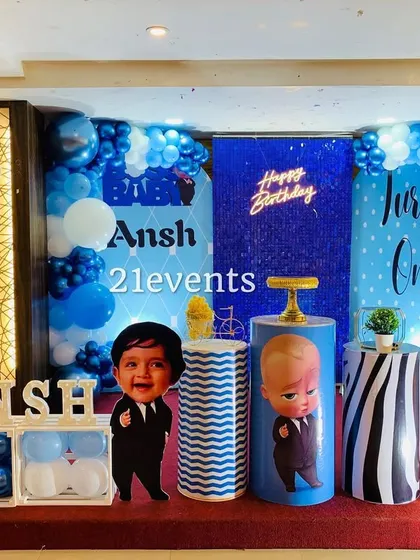 A full view of the Boss Baby setup, a favorite for little boys' first birthdays.
