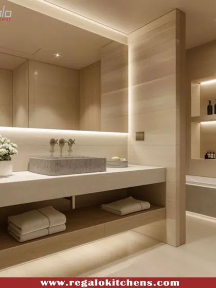 A serene and minimalist vanity design. The light wood finish and simple, clean lines create a calming atmosphere, complemented by soft, integrated backlighting.