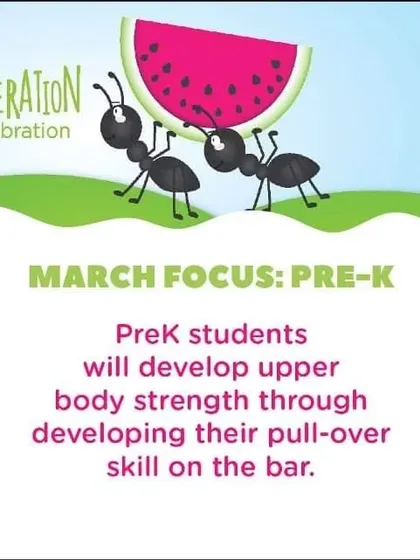 For our Pre-K students, the March focus is on developing upper body strength by learning the pullover skill on the bar, a big step in their gymnastics journey.