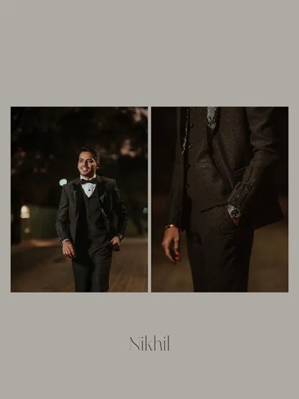 A stylish album layout featuring a portrait of the groom and a detail shot of his tuxedo.