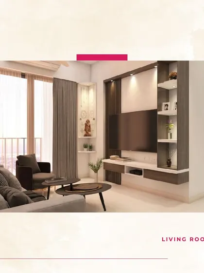 This 3D render is part of a 2BHK design package, showing the proposed living room layout with a modern TV unit and a compact pooja corner.