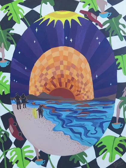 The full view of the custom artwork that blends a beach sunset with graphic patterns. This piece is a great example of how I can combine different themes to create a truly personalized painting.