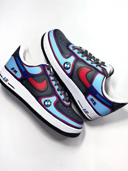 A clean and crisp BMW-themed Air Force 1. The design uses the iconic colors of the M series, with the logo painted on the side. Perfect for any car enthusiast.