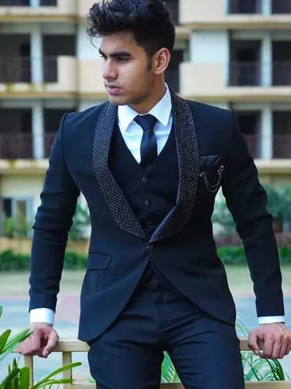 This shot shows the sharp silhouette of our black designer suit against an urban background.